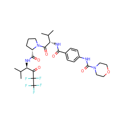 CC(C)[C@H](NC(=O)c1ccc(NC(=O)N2CCOCC2)cc1)C(=O)N1CCC[C@H]1C(=O)N[C@@H](C(=O)C(F)(F)C(F)(F)F)C(C)C ZINC000027521406