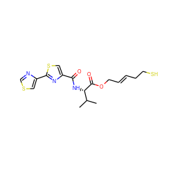 CC(C)[C@H](NC(=O)c1csc(-c2cscn2)n1)C(=O)OC/C=C/CCS ZINC000147350526