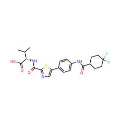 CC(C)[C@H](NC(=O)c1ncc(-c2ccc(NC(=O)C3CCC(F)(F)CC3)cc2)s1)C(=O)O ZINC000096272769