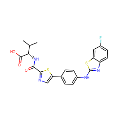 CC(C)[C@H](NC(=O)c1ncc(-c2ccc(Nc3nc4ccc(F)cc4s3)cc2)s1)C(=O)O ZINC000068267533