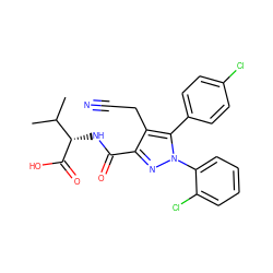 CC(C)[C@H](NC(=O)c1nn(-c2ccccc2Cl)c(-c2ccc(Cl)cc2)c1CC#N)C(=O)O ZINC000045337630