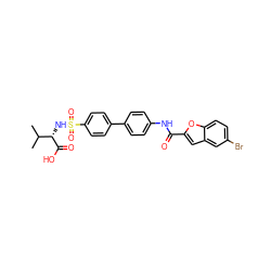 CC(C)[C@H](NS(=O)(=O)c1ccc(-c2ccc(NC(=O)c3cc4cc(Br)ccc4o3)cc2)cc1)C(=O)O ZINC000028528566