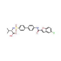 CC(C)[C@H](NS(=O)(=O)c1ccc(-c2ccc(NC(=O)c3cc4cc(Cl)ccc4o3)cc2)cc1)C(=O)O ZINC000028460353