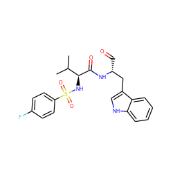 CC(C)[C@H](NS(=O)(=O)c1ccc(F)cc1)C(=O)N[C@H](C=O)Cc1c[nH]c2ccccc12 ZINC000013493510