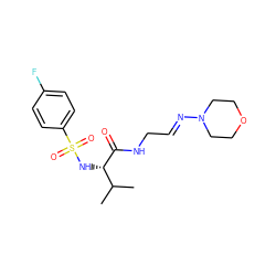 CC(C)[C@H](NS(=O)(=O)c1ccc(F)cc1)C(=O)NC/C=N/N1CCOCC1 ZINC000013442650