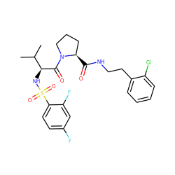 CC(C)[C@H](NS(=O)(=O)c1ccc(F)cc1F)C(=O)N1CCC[C@H]1C(=O)NCCc1ccccc1Cl ZINC000095601347