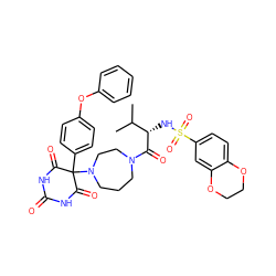 CC(C)[C@H](NS(=O)(=O)c1ccc2c(c1)OCCO2)C(=O)N1CCCN(C2(c3ccc(Oc4ccccc4)cc3)C(=O)NC(=O)NC2=O)CC1 ZINC000072108603