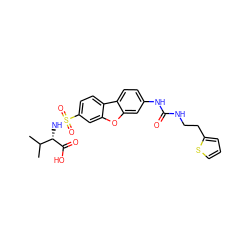 CC(C)[C@H](NS(=O)(=O)c1ccc2c(c1)oc1cc(NC(=O)NCCc3cccs3)ccc12)C(=O)O ZINC000042990123