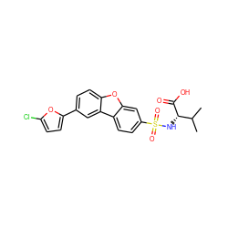 CC(C)[C@H](NS(=O)(=O)c1ccc2c(c1)oc1ccc(-c3ccc(Cl)o3)cc12)C(=O)O ZINC000073221194