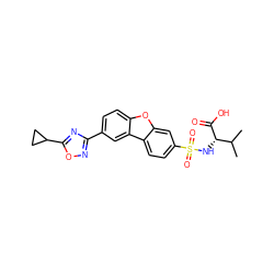 CC(C)[C@H](NS(=O)(=O)c1ccc2c(c1)oc1ccc(-c3noc(C4CC4)n3)cc12)C(=O)O ZINC000043207007