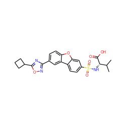 CC(C)[C@H](NS(=O)(=O)c1ccc2c(c1)oc1ccc(-c3noc(C4CCC4)n3)cc12)C(=O)O ZINC000073240512