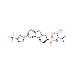 CC(C)[C@H](NS(=O)(=O)c1ccc2c(c1)oc1ccc(-n3ccc(C(F)(F)F)n3)cc12)C(=O)O ZINC000043194940