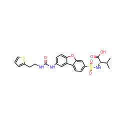 CC(C)[C@H](NS(=O)(=O)c1ccc2c(c1)oc1ccc(NC(=O)NCCc3cccs3)cc12)C(=O)O ZINC000040952866