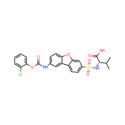 CC(C)[C@H](NS(=O)(=O)c1ccc2c(c1)oc1ccc(NC(=O)Oc3ccccc3Cl)cc12)C(=O)O ZINC000040953201