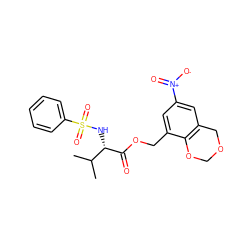 CC(C)[C@H](NS(=O)(=O)c1ccccc1)C(=O)OCc1cc([N+](=O)[O-])cc2c1OCOC2 ZINC000003367401