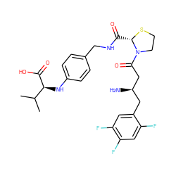 CC(C)[C@H](Nc1ccc(CNC(=O)[C@@H]2SCCN2C(=O)C[C@H](N)Cc2cc(F)c(F)cc2F)cc1)C(=O)O ZINC000066074362