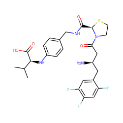 CC(C)[C@H](Nc1ccc(CNC(=O)[C@H]2SCCN2C(=O)C[C@H](N)Cc2cc(F)c(F)cc2F)cc1)C(=O)O ZINC000066074361