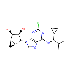 CC(C)[C@H](Nc1nc(Cl)nc2c1ncn2[C@H]1[C@H](O)[C@H](O)[C@@H]2C[C@@H]21)C1CC1 ZINC000095554879