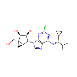 CC(C)[C@H](Nc1nc(Cl)nc2c1ncn2[C@H]1[C@H](O)[C@H](O)[C@]2(CO)C[C@H]12)C1CC1 ZINC001772623679