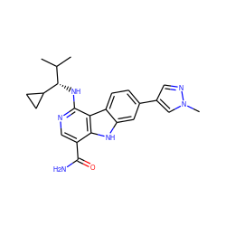 CC(C)[C@H](Nc1ncc(C(N)=O)c2[nH]c3cc(-c4cnn(C)c4)ccc3c12)C1CC1 ZINC000072125907