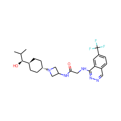 CC(C)[C@H](O)[C@H]1CC[C@H](N2CC(NC(=O)CNc3nncc4ccc(C(F)(F)F)cc34)C2)CC1 ZINC000261181589