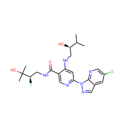 CC(C)[C@H](O)CNc1cc(-n2ncc3cc(Cl)cnc32)ncc1C(=O)NC[C@@H](F)C(C)(C)O ZINC001772633856