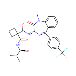 CC(C)[C@H](O)NC(=O)C1(C(=O)N[C@H]2N=C(c3ccc(C(F)(F)F)cc3)c3ccccc3N(C)C2=O)CCC1 ZINC000028822953