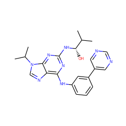 CC(C)[C@H](O)Nc1nc(Nc2cccc(-c3cncnc3)c2)c2ncn(C(C)C)c2n1 ZINC000103185696