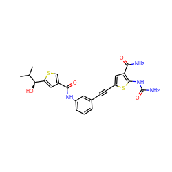 CC(C)[C@H](O)c1cc(C(=O)Nc2cccc(C#Cc3cc(C(N)=O)c(NC(N)=O)s3)c2)cs1 ZINC000072119868