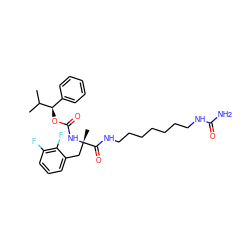 CC(C)[C@H](OC(=O)N[C@@](C)(Cc1cccc(F)c1F)C(=O)NCCCCCCCNC(N)=O)c1ccccc1 ZINC000029406813