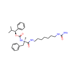 CC(C)[C@H](OC(=O)N[C@](C)(Cc1ccccc1)C(=O)NCCCCCCCNC(N)=O)c1ccccc1 ZINC000013755613