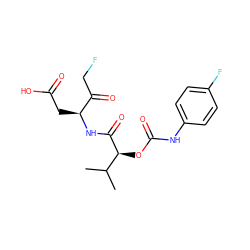 CC(C)[C@H](OC(=O)Nc1ccc(F)cc1)C(=O)N[C@@H](CC(=O)O)C(=O)CF ZINC000028331383