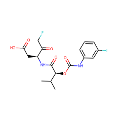 CC(C)[C@H](OC(=O)Nc1cccc(F)c1)C(=O)N[C@@H](CC(=O)O)C(=O)CF ZINC000028330552