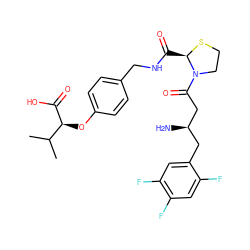 CC(C)[C@H](Oc1ccc(CNC(=O)[C@H]2SCCN2C(=O)C[C@H](N)Cc2cc(F)c(F)cc2F)cc1)C(=O)O ZINC000066112909