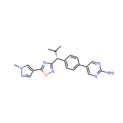 CC(C)[C@H](c1ccc(-c2cnc(N)nc2)cc1)c1noc(-c2cnn(C)c2)n1 ZINC000146158134