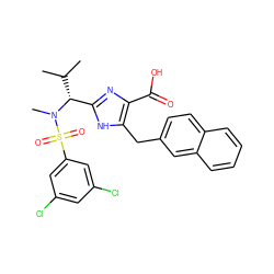 CC(C)[C@H](c1nc(C(=O)O)c(Cc2ccc3ccccc3c2)[nH]1)N(C)S(=O)(=O)c1cc(Cl)cc(Cl)c1 ZINC000029128563