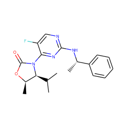 CC(C)[C@H]1[C@@H](C)OC(=O)N1c1nc(N[C@@H](C)c2ccccc2)ncc1F ZINC000142101693