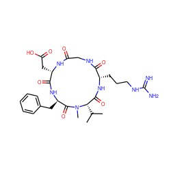 CC(C)[C@H]1C(=O)N[C@@H](CCCNC(=N)N)C(=O)NCC(=O)N[C@@H](CC(=O)O)C(=O)N[C@H](Cc2ccccc2)C(=O)N1C ZINC000003952216