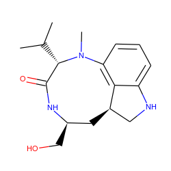 CC(C)[C@H]1C(=O)N[C@H](CO)C[C@@H]2CNc3cccc(c32)N1C ZINC000027180795