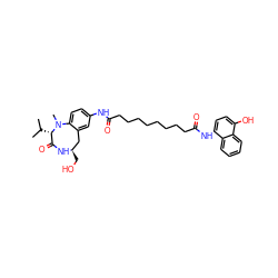 CC(C)[C@H]1C(=O)N[C@H](CO)Cc2cc(NC(=O)CCCCCCCCC(=O)Nc3ccc(O)c4ccccc34)ccc2N1C ZINC000027427066