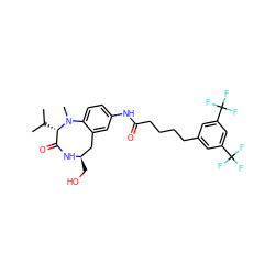 CC(C)[C@H]1C(=O)N[C@H](CO)Cc2cc(NC(=O)CCCCc3cc(C(F)(F)F)cc(C(F)(F)F)c3)ccc2N1C ZINC000027195337