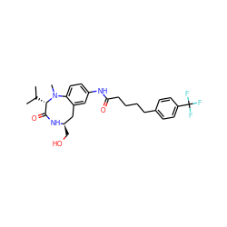 CC(C)[C@H]1C(=O)N[C@H](CO)Cc2cc(NC(=O)CCCCc3ccc(C(F)(F)F)cc3)ccc2N1C ZINC000003988700