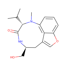 CC(C)[C@H]1C(=O)N[C@H](CO)Cc2coc3cccc(c23)N1C ZINC000027714022