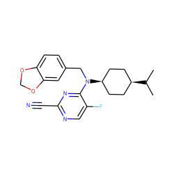 CC(C)[C@H]1CC[C@@H](N(Cc2ccc3c(c2)OCO3)c2nc(C#N)ncc2F)CC1 ZINC001772622584