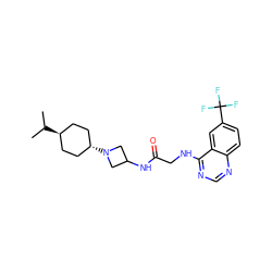 CC(C)[C@H]1CC[C@H](N2CC(NC(=O)CNc3ncnc4ccc(C(F)(F)F)cc34)C2)CC1 ZINC000149110435