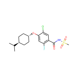 CC(C)[C@H]1CC[C@H](Oc2cc(F)c(C(=O)NS(C)(=O)=O)cc2Cl)CC1 ZINC000261119741