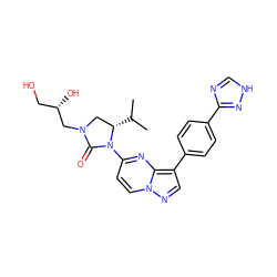 CC(C)[C@H]1CN(C[C@@H](O)CO)C(=O)N1c1ccn2ncc(-c3ccc(-c4nc[nH]n4)cc3)c2n1 ZINC000116185719