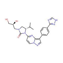 CC(C)[C@H]1CN(C[C@H](O)CO)C(=O)N1c1ccn2ncc(-c3ccc(-c4nc[nH]n4)cc3)c2n1 ZINC000116185710