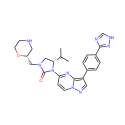 CC(C)[C@H]1CN(C[C@H]2CNCCO2)C(=O)N1c1ccn2ncc(-c3ccc(-c4nc[nH]n4)cc3)c2n1 ZINC000116185676