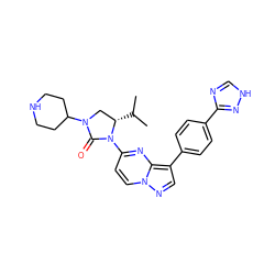 CC(C)[C@H]1CN(C2CCNCC2)C(=O)N1c1ccn2ncc(-c3ccc(-c4nc[nH]n4)cc3)c2n1 ZINC000116179130